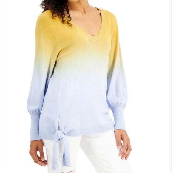 Willow Drive Dip Dye Tied Hem V Neck Sweater in Gold & Soft Blue - SIZE   XS - Picture 1 of 9